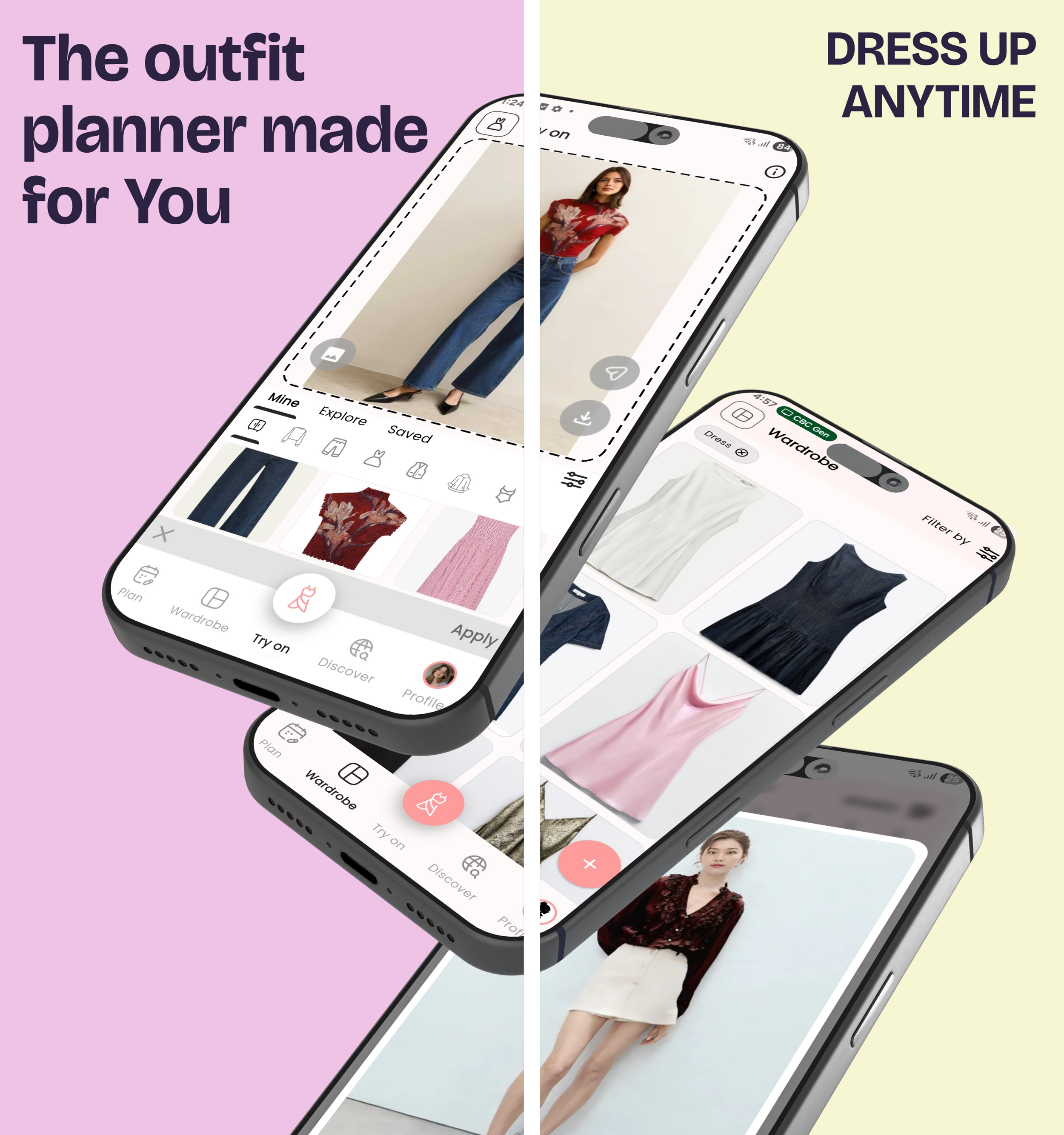 ViWear app campaign preview with wardrobe and virtual try on screens